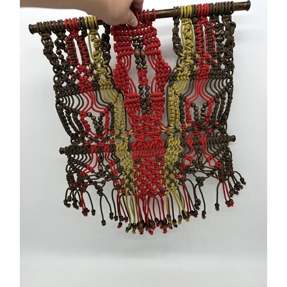 Macrame Wall Hanging Boho Wood Rod Green Red Brown Beads Striped Rope Art Nylon - Picture 4 of 7